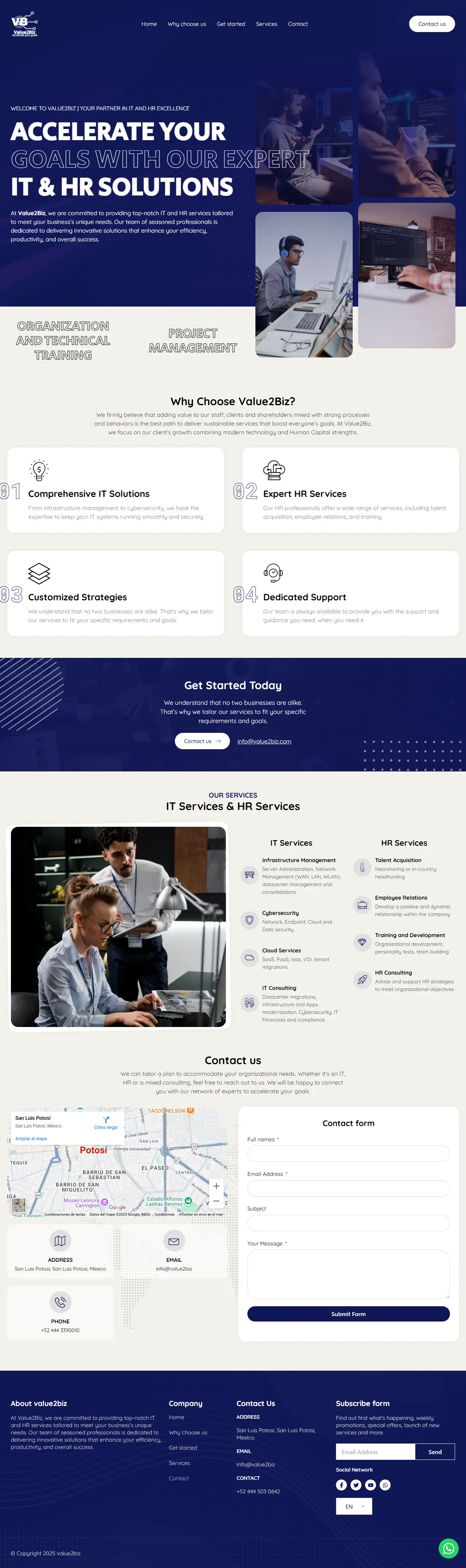 Diseño de landing page para value2biz con WordPress y Elementor